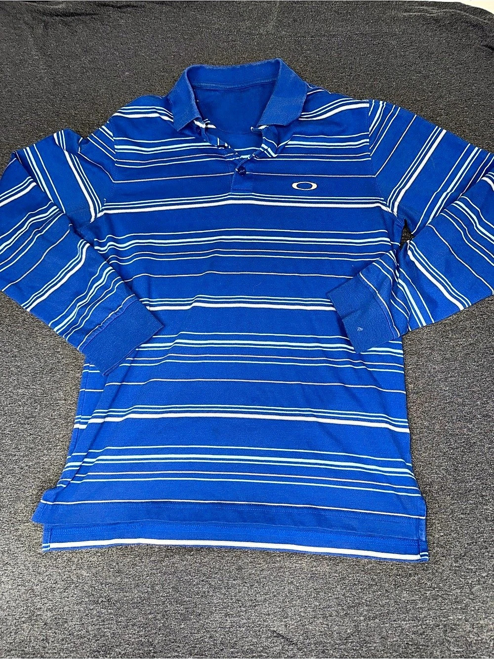 Oakley Men's Striped Polo in Blue & White Size Small
